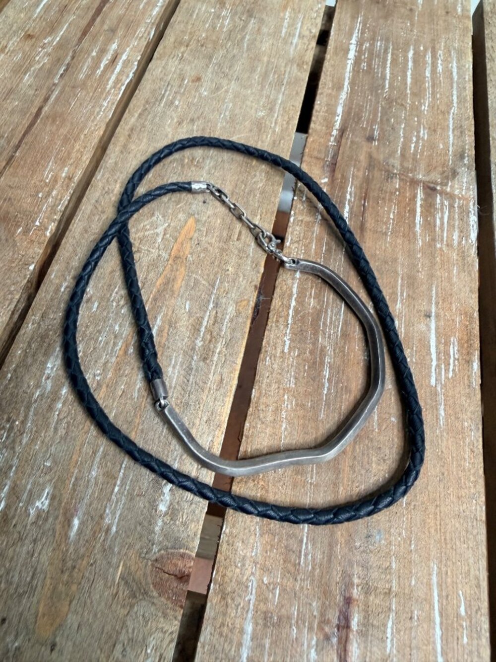 Title of Work Unisex .925 Sterling Silver Curved Bar & Braided Leather Wrap Brac